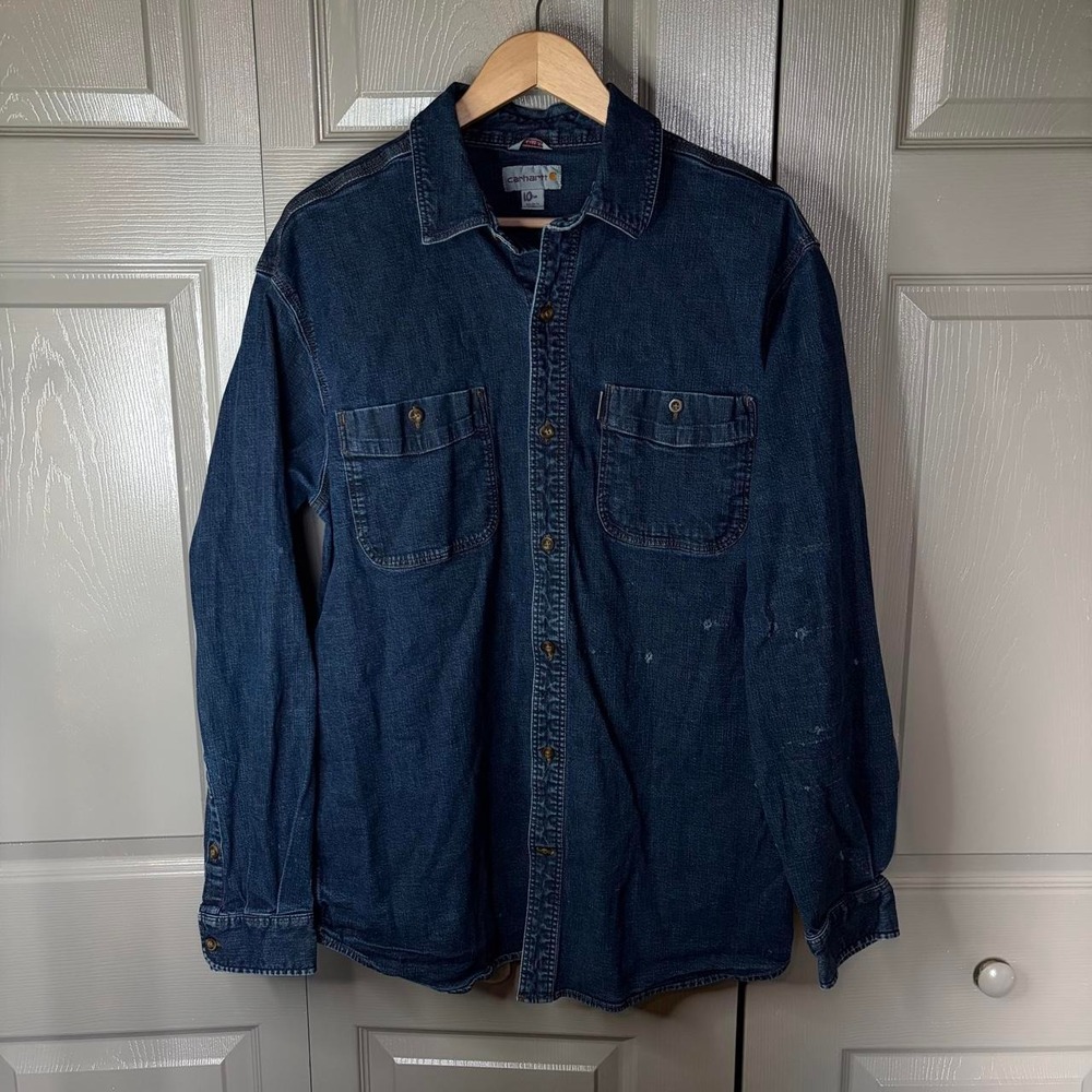 Carhartt Vintage Mens XL Navy Denim Button Up Long Sleeve Workwear Shirt